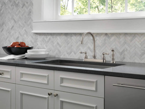 Windemere Brushed Nickel Kitchen Faucet With Side Sprayer Four Hole 8 Inch Center Installation Two Handle in modern kitchen