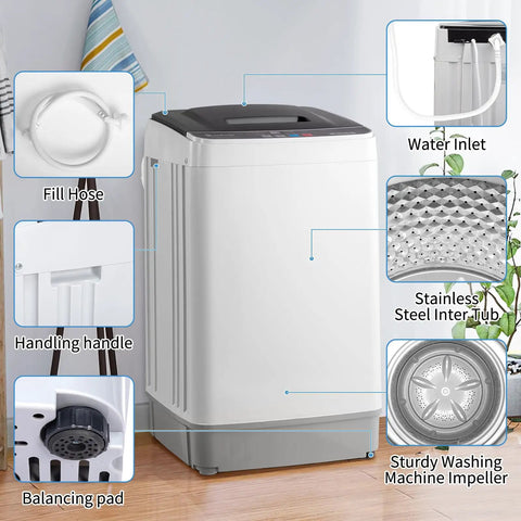 Fully Automatic Portable Washing Machine With Built In Drain Pump And Hands Free Spin Cycle, featuring stainless steel tub and drain components.