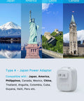 Type A Japan power adapter with images of Japan, America, China, and Canada landmarks in the background, compatible countries listed.