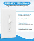 4 Pack White Toggle Switch Guard Covers That Screw On To Lock Your Switches In Place For Kid Safety And Appliance Protection Universal Fit No Fuss Setup, shown installed on a wall plate.