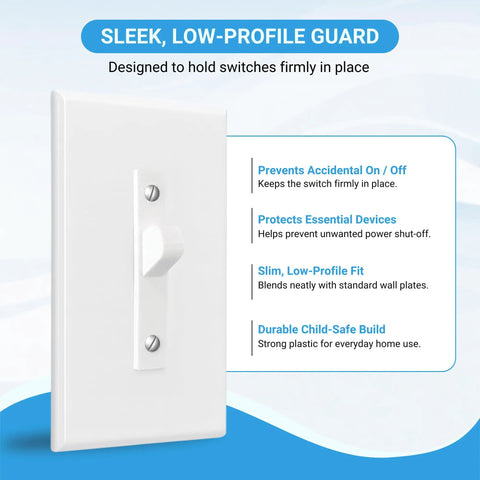 4 Pack White Toggle Switch Guard Covers That Screw On To Lock Your Switches In Place For Kid Safety And Appliance Protection Universal Fit No Fuss Setup, shown installed on a wall plate.