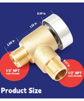 Upgraded Brass RV Vacuum Breaker Check Valve 571 VAC CHK A with 1/2 NPT threads, size dimensions shown, for camper flushing system.
