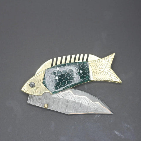 Damascus Fish Style Folding Knife with Ladder Pattern Blade, brass engraved green resin handle, leather sheath, closed view
