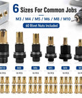 Heavy Duty Carbon Steel Rivet Nut Tool Set With M3 To M10 Metric Mandrels And Assorted Rivnuts Fits Drill For Fast And Reliable Metal Projects On Panels Brackets, 6 sizes