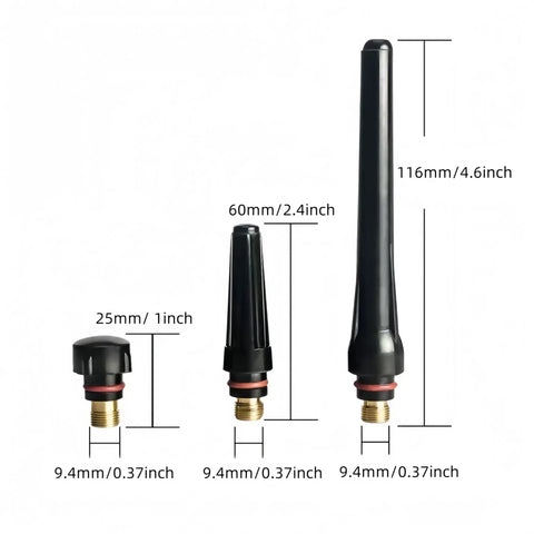 Back Cap Set For WP 17 18 26 Welding Torch 57Y02 Long Cap, 57Y03 Medium Cap, 57Y04 Short Cap, showing dimensions of each piece