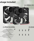 High Speed 12V DC 120mm Cooling Fan Set 120x120x25mm Quiet 1600RPM, two fans, grilles, screws included