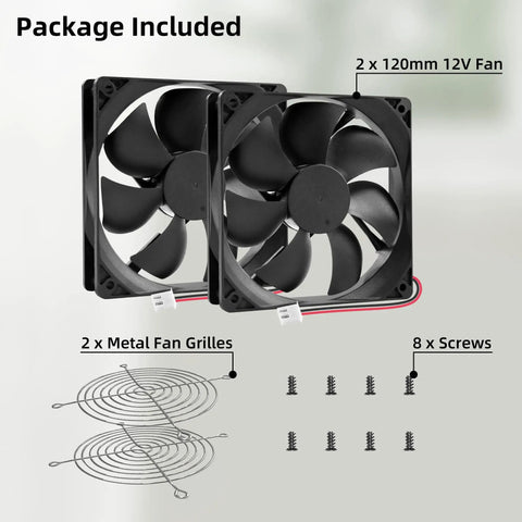 High Speed 12V DC 120mm Cooling Fan Set 120x120x25mm Quiet 1600RPM, two fans, grilles, screws included