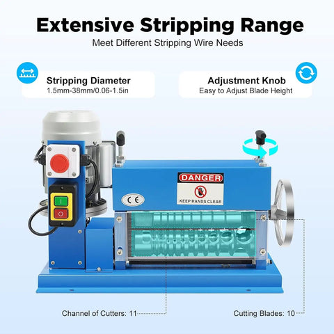 Heavy Duty Portable Electric Wire Stripper & Automatic Cable Cutter For Scrap Copper Recycling showing adjustment knob and stripping diameter details.