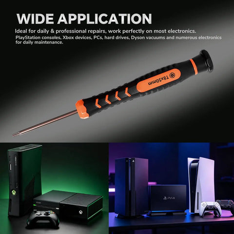 Premium T8 Security Torx Screwdriver With Heavy Duty Extended Shaft TR8 Star Bit against gaming consoles and PCs.