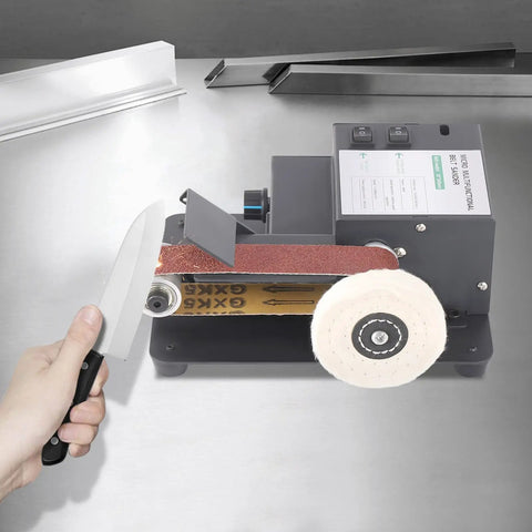 Heavy Duty Brushless Belt Sander With Hella Fine Tune Speed Dial For Sweeter Wood And Metal Grinding Projects Delivering Zero To Ten Thousand RPM Power Output Anywhere, used for knife sharpening.