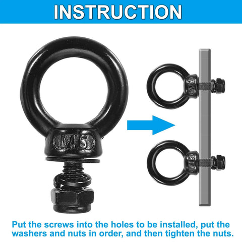 Diagram of Sturdy M3x9mm Shoulder Eye Bolt Set with installation steps, showing black 304 stainless steel lifting eyebolt assembly.