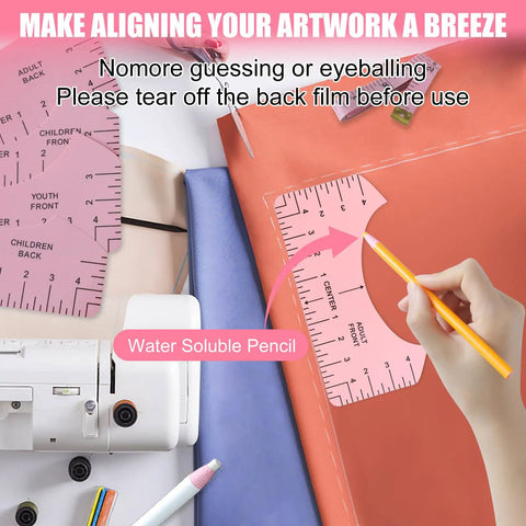 Pink Sublimation Shirt Tool Kit With 8 T Shirt Rulers shown with pencil marking guidelines on fabric