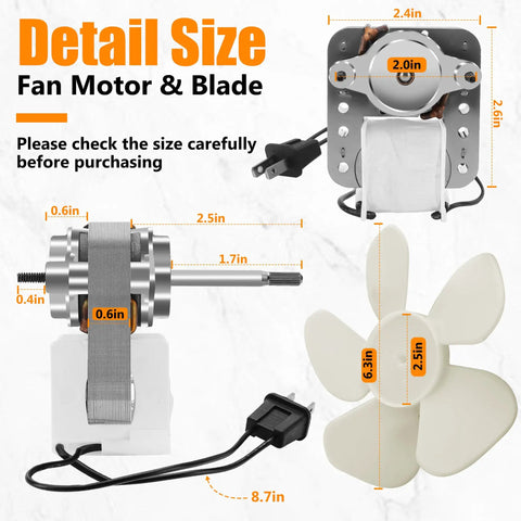Detailed image showing Universal Quiet Bathroom Vent Fan Motor Replacement S1200A000 with dimensions and 5-blade wheel.