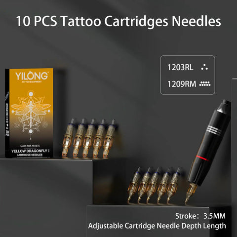 Wireless Tattoo Kit For Beginners All In One Rotary Pen Machine With 2 Batteries And Charger 20 Ink Cups 30ml Black Ink 7 Color Inks Gloves 10 Cartridge Needles Grip Cover Transfer Gel Practice Skin And Paper Sheets. 10 tattoo cartridge needles, 1203RL and 1209RM, with rotary pen