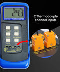 Front view of blue handheld dual-channel digital thermocouple thermometer with two orange K-type probes