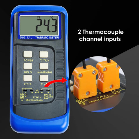 Front view of blue handheld dual-channel digital thermocouple thermometer with two orange K-type probes