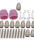 Dope Plasma Cutter Consumables Nozzle Kit For Cut-60 Ag60 Sg55 Machines with nozzles, pink caps, and tips arranged neatly.