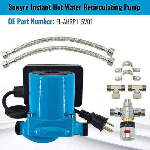 Sowyre Instant Hot Water Recirculating Pump Kit For Tank Water Heaters With Smart Thermal Bypass Tech No Return Line Needed Plug And Play Cabinet Install Cuts Cold Waits Dead Saving You Major Cash Daily components including pump, hoses, and fittings.