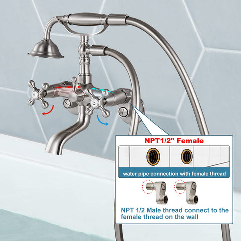Clawfoot Tub Faucet With Handheld Shower Brushed Nickel, Wall Mount Tub Filler With Cross Handles and PVC Hose installation