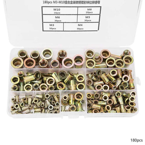 Solid 180 Piece Rivet Nut Kit With M3 M4 M5 M6 M8 M10 Zinc Plated Inserts For Auto Repair And Home DIY Projects Making Strong Threads Fast in organizer case