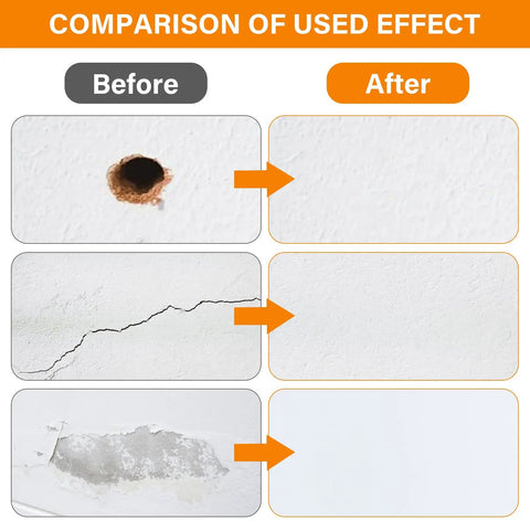 Comparison of wall before and after using Drywall Repair Kit 2 Pack With Scrapers And Protective Gloves Odorless No Mess Quick Patch
