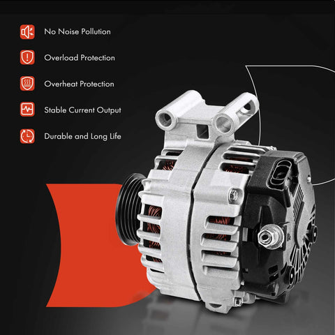 Beefed Up 12V 125A Alternator For Chevy Colorado 2007 To 2012 GMC Canyon 2007 To 2012 Hummer H3 2007 To 2010 Isuzu I 290 2007 To 2008 6 Groove Pulley Replacement Part 8158843480, side view with features listed.