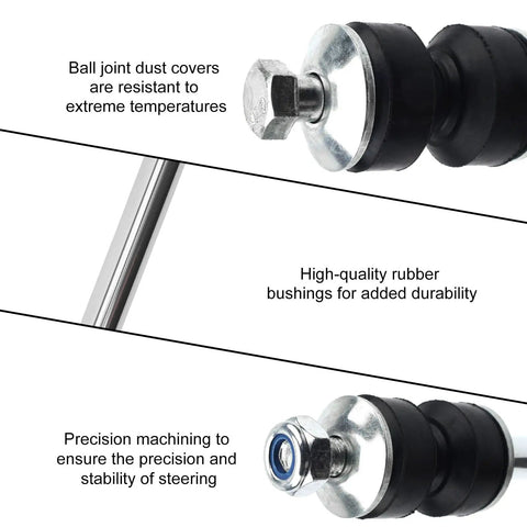 Front Sway Bar Link Kit For Chevy Silverado Tahoe Suburban Yukon XL 1995-2019 2 Pack Heavy Duty Replacement Replaces OE K700539 10385580 15167767 Direct Fit Zinc Nickel Bushings For Superior Steering And Quieter Ride. close-up of forged steel link with rubber bushings