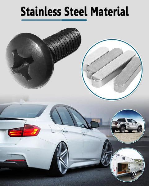 Black Stainless Steel License Plate Bolts Kit for Cars, Rustproof Phillips Head Screws with Nuts and Caps, M6 By 16mm
