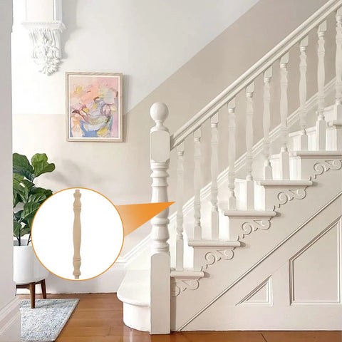 Solid Unpainted Wood Spindles Set Of Six Straight Up Smooth Finish Unfinished Balusters For Dope Diy Crafts Wine Racks Bed Frames And Knockout Model Building Projects Measuring Seven Point Six Eight Inches displayed in a modern staircase setting.