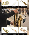 Wireless UHF Saxophone Microphone System With Clip On Instrument Mic For Sax And Trumpet showcased on various brass instruments.