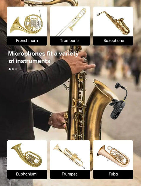 Wireless UHF Saxophone Microphone System With Clip On Instrument Mic For Sax And Trumpet showcased on various brass instruments.