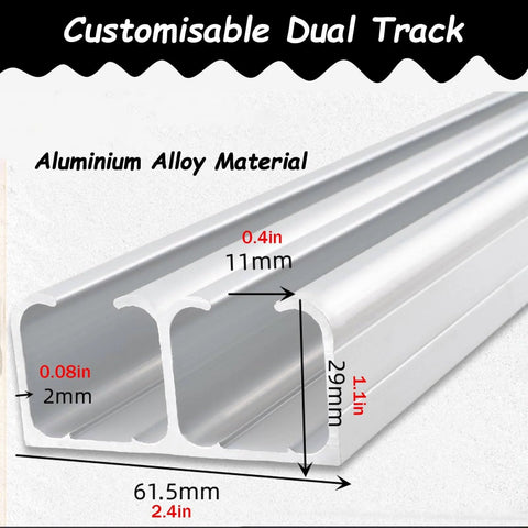 Heavy Duty Sliding Barn Door Hardware Kit In Black Rail For Double Doors Bypass Track System With Soft Close Wall And Ceiling Mount 28 Feet Long Fits 30 To 50mm Thick Doors 2mm Aluminum Tracks showing aluminum track dimensions in 2mm thickness.