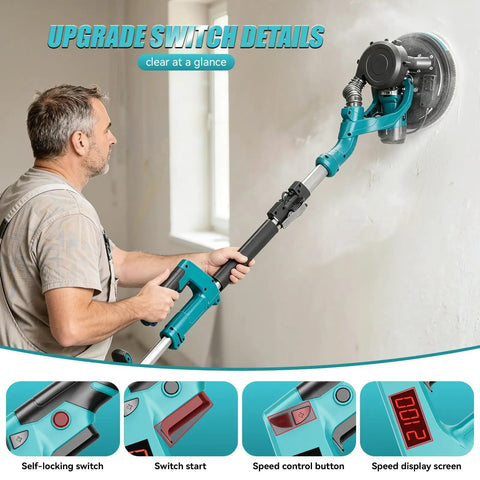 Person using Drywall Sander With Vacuum Dust Collection And Digital Display 1000W Popcorn Ceiling Removal Tool on a wall