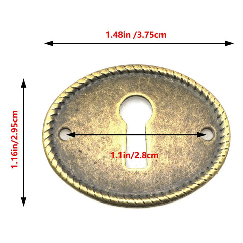 Top Tier 10 Pack Zinc Alloy Oval Keyhole Escutcheons Heavy Duty Antique Bronze Lock Covers measuring 1.48x1.16 inches.