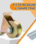 Front view of 8-pack 2-inch V-groove wheels with metal V-bracket for sliding gates; heavy-duty caster rail pulley