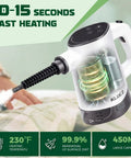Kick Dirt To The Curb With This 14in1 Handheld Steam Cleaner showcasing the steam cleaner's fast heating and 450ML tank.