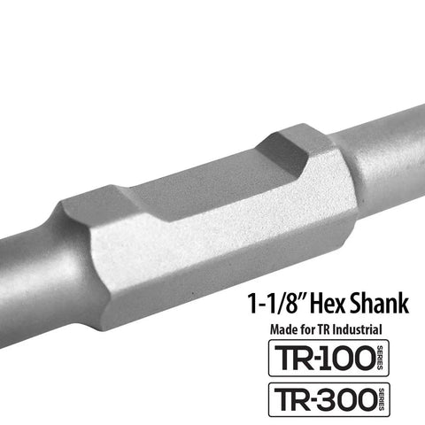 Close-up of 1-1/8" hex shank for Tamper Shank And Plate Attachment For TR 100 And TR 300 Jackhammers.