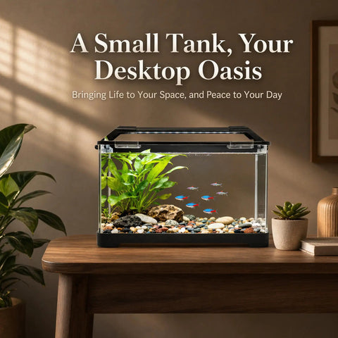 All In One 3.5 Gallon Betta Tank Starter Kit With Back Filter, Adjustable Pump, 25W Heater displayed on a wooden desk