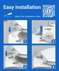 Easy installation guide for Topseat Pro 2 Durable Wood Toilet Seat, Slow Close, Round, White with step-by-step visuals.