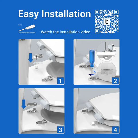 Easy installation guide for Topseat Pro 2 Durable Wood Toilet Seat, Slow Close, Round, White with step-by-step visuals.