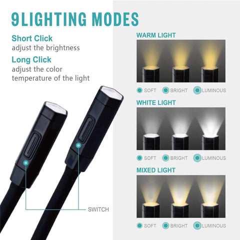 Lightweight Neck Reading Light With Three Color Modes And Nine Brightness Levels for reading or crafts, showing 9 lighting modes.
