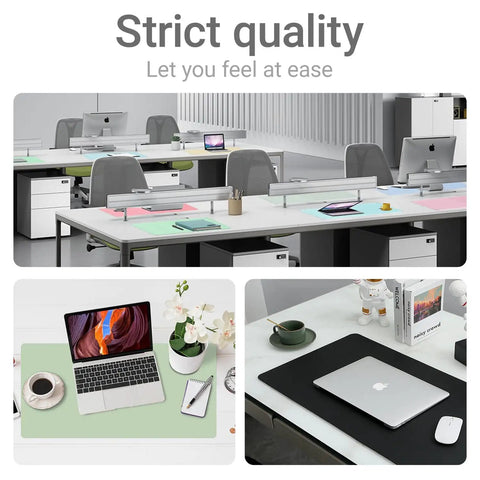 Office desks with Premium Leather Desk Pad Protector For A Clean Boss Level Desk Setup, various colors visible, non-slip backing