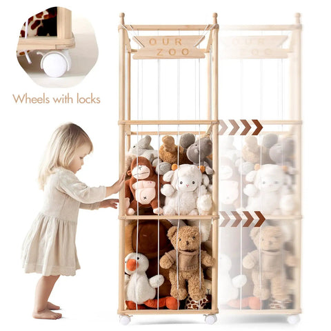Vertical Plush Toy Organizer From Solid Pine Wood Space Saving Stuffed Animal Storage with child accessing toys