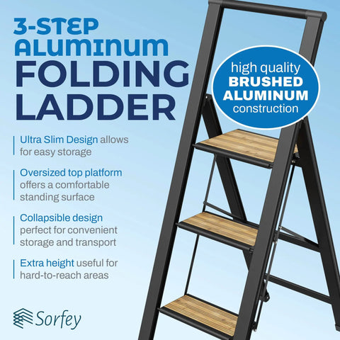 3 Step Folding Step Ladder With Bamboo And Black Aluminum Dope Ultra Slim Profile Non Slip Treads Lightweight Yet Durable For Home Office Kitchen Photography And DIY Projects Portable, 3-step folded side view