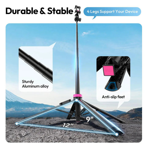 Auto Pop Open Phone Tripod With Remote, No Fuss Setup, 59 Inch Selfie Stick, dual mount, aluminum legs, anti-slip feet.