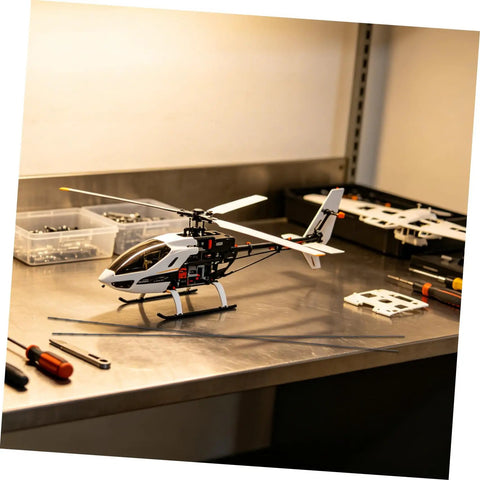 Model helicopter on workbench with 10 Pack Carbon Fiber Round Rods For RC Models, Super Strong Black CF Rods visible nearby