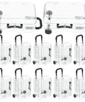 12-pack clear plastic mini luggage display boxes with black handles and wheels