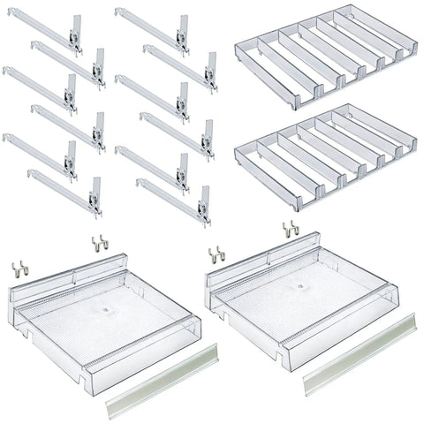 Clear 6 Compartment Cosmetic Tray Kit With Pushers, 2-Pack, Divider Bins For Makeup Organization, 6 Slots Per Tray, Components View
