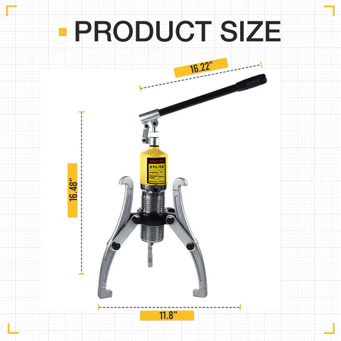 10 Ton Hydraulic Gear Puller Kit With 2 Or 3 Jaws, showing dimensions and structure, heavy duty forged alloy steel for hubs and gears