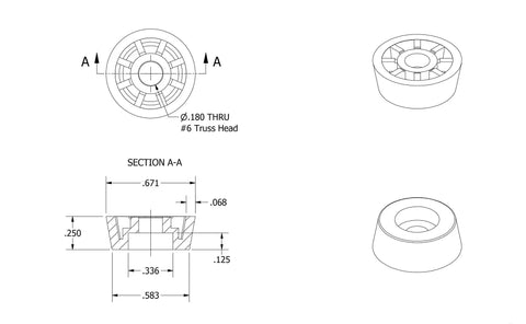 Technical diagram of eight handy round black rubber feet with metal insert and screws for electronics kitchen cutting boards woodworking.